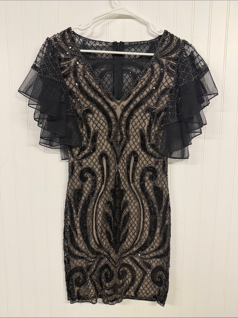 Lulu's Black Beaded Mini Dress with Nude Lining and Flutter Sleeves